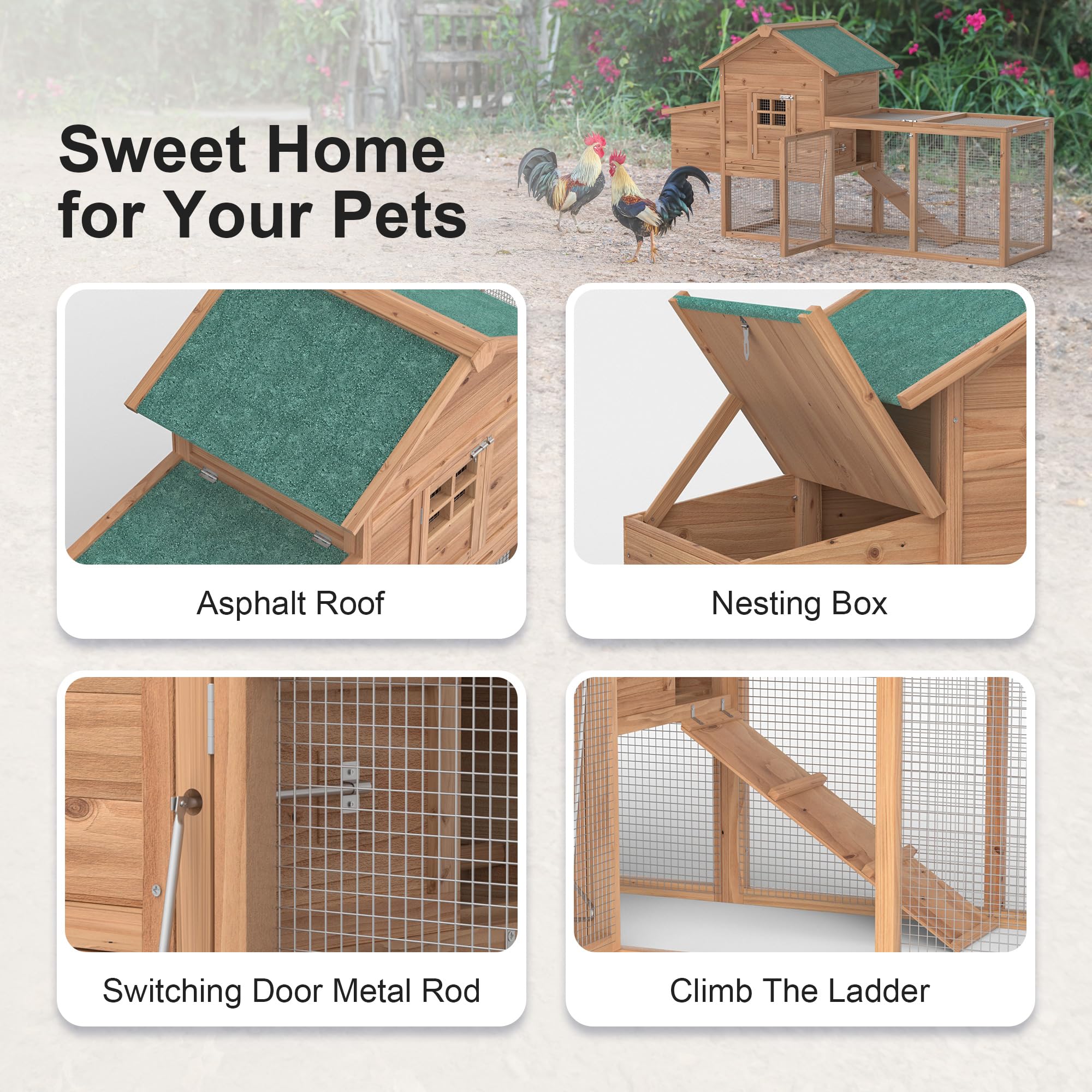 GOJOOASIS 80 inch chicken coop nesting box close up for easy egg collection in yard