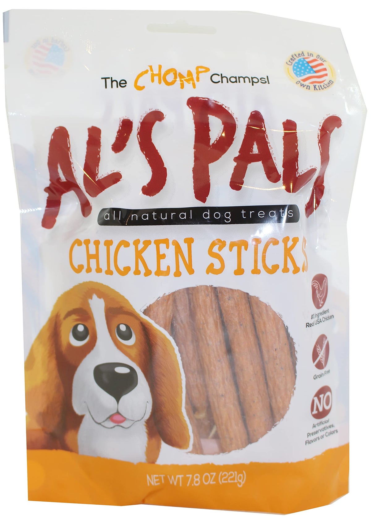 Gold Rush AL's Pals Chicken Sticks packaging shows all-natural, grain-free dog treats for dogs.