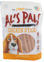Gold Rush AL's Pals Chicken Sticks packaging shows all-natural, grain-free dog treats for dogs.
