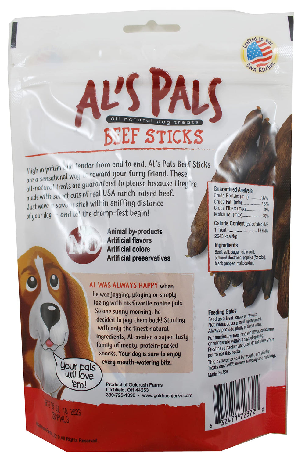 Gold Rush Farms Als Pals beef sticks closeup texture highlights chewable, grain-free rewards for dogs.
