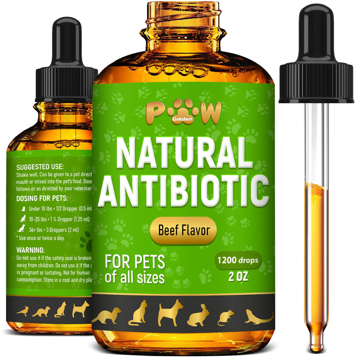 Golden Paw antibiotics beef-flavor bottle shown for easy pet dosing.