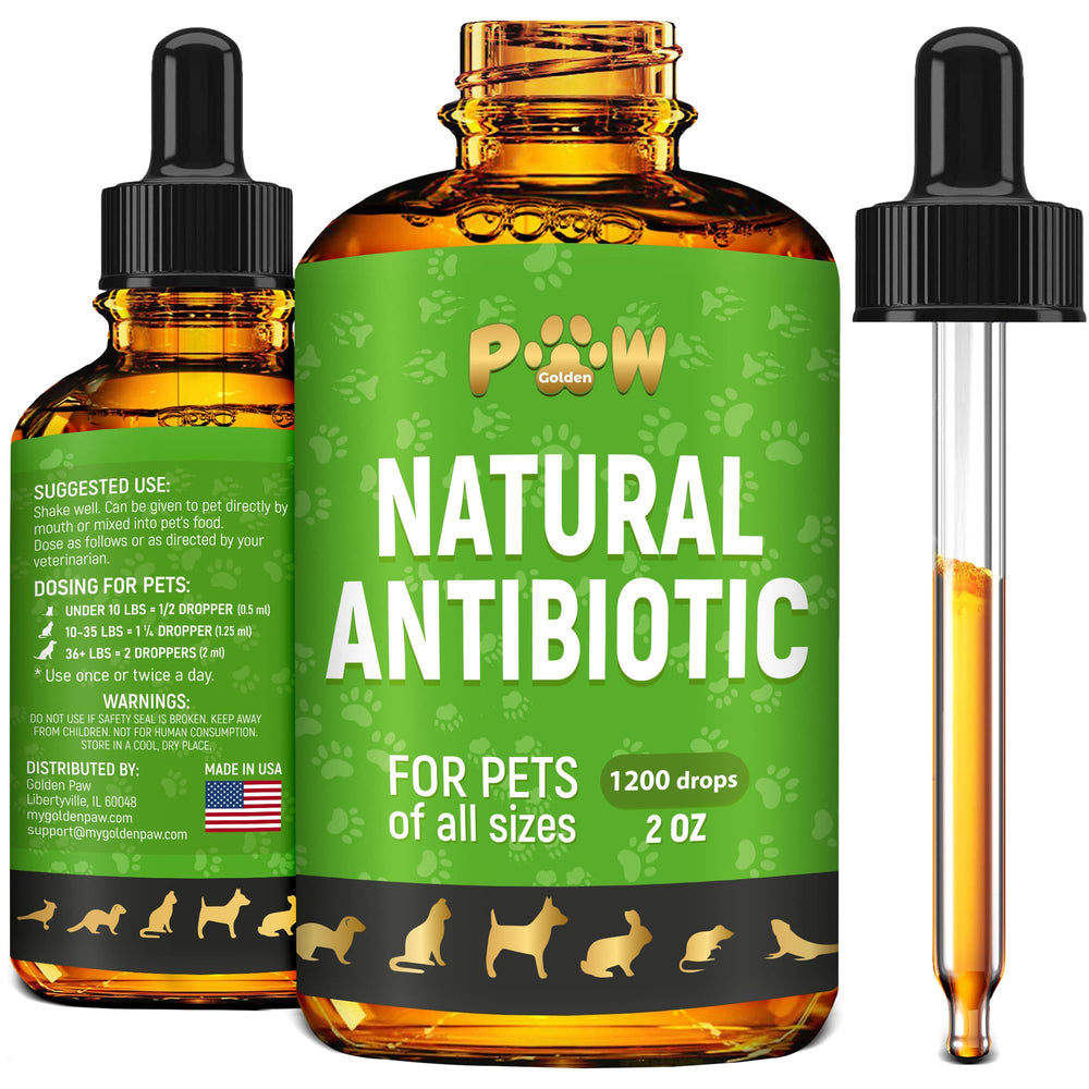 Golden Paw antibiotics bottle front showing natural formula for canine and feline wellness possibilities