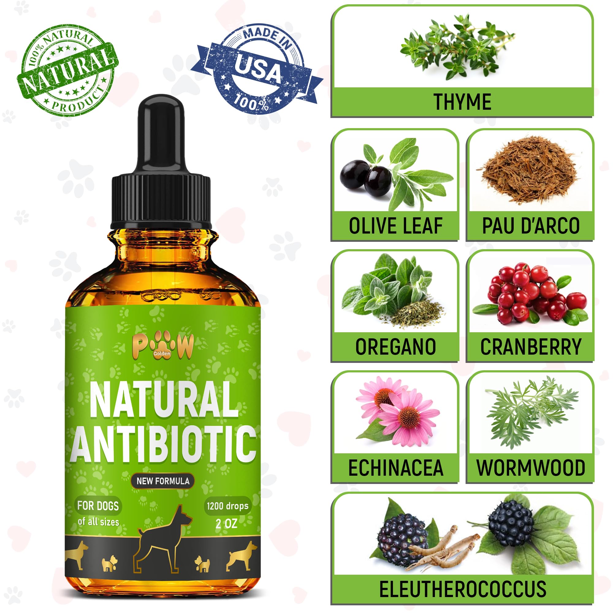Golden Paw bottle highlights cranberry and oregano ingredients.