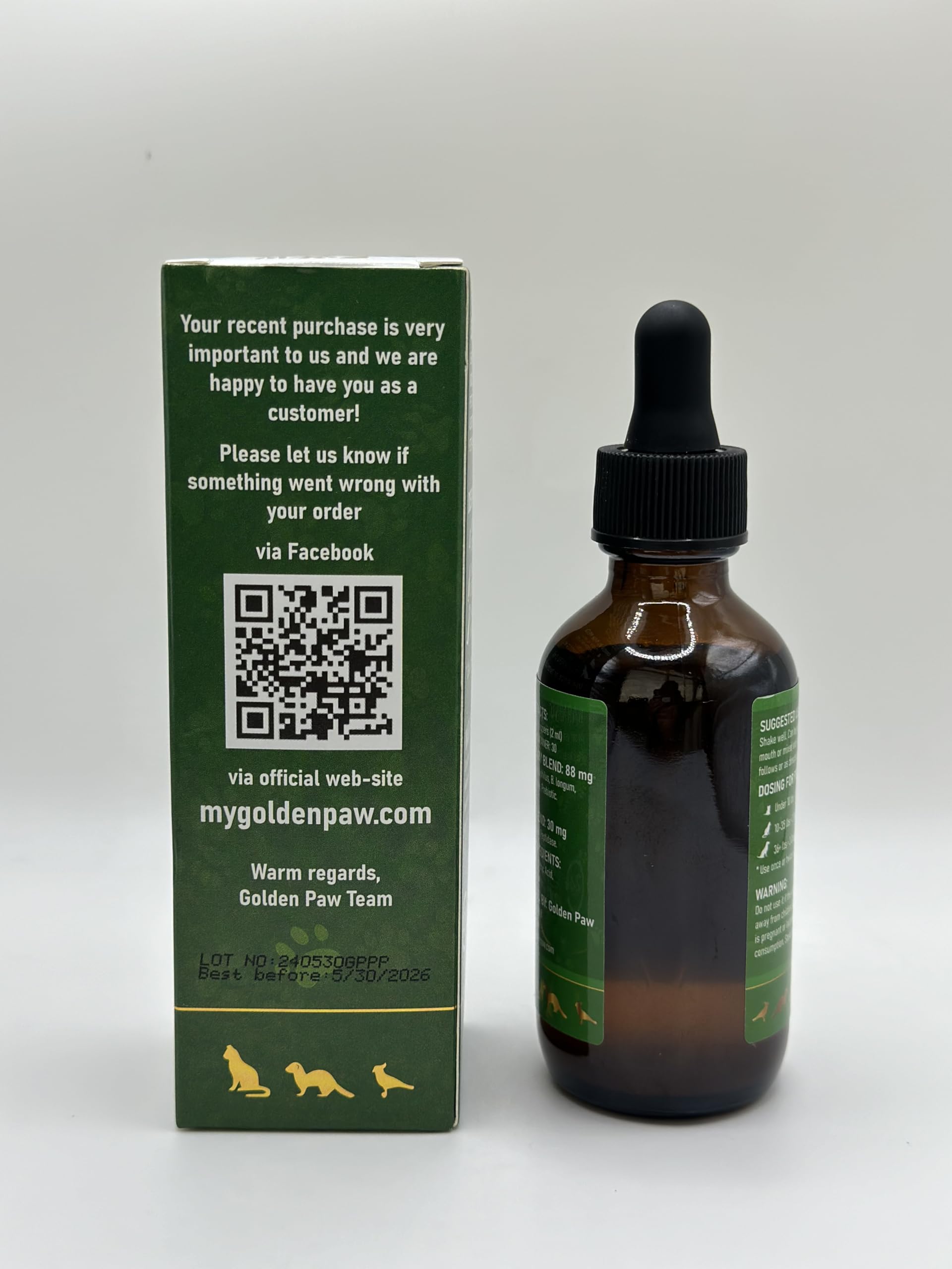 Golden Paw probiotics for all ages and breeds shown with happy pets