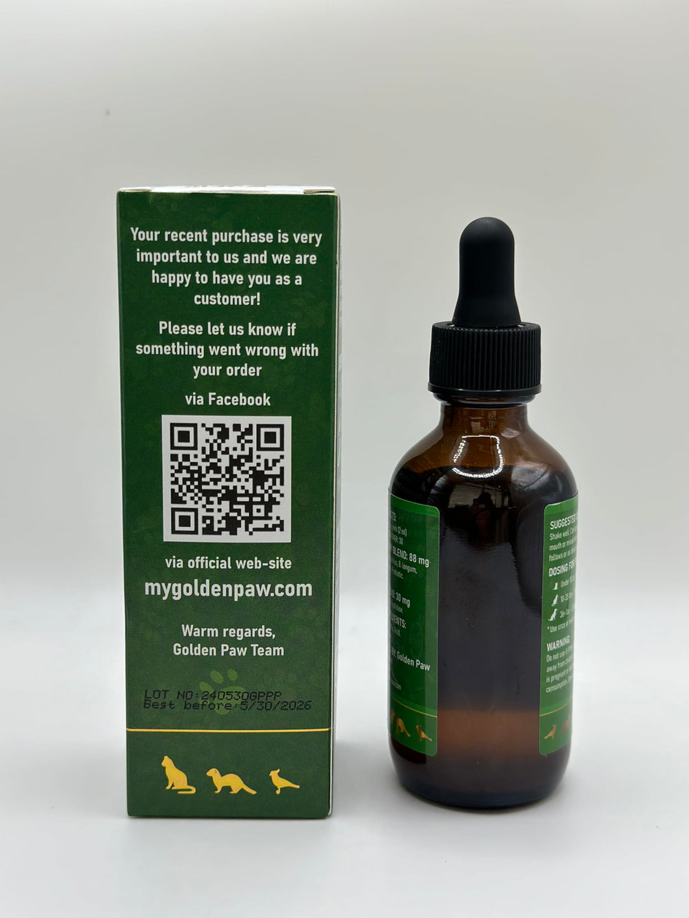 Golden Paw probiotics for all ages and breeds shown with happy pets