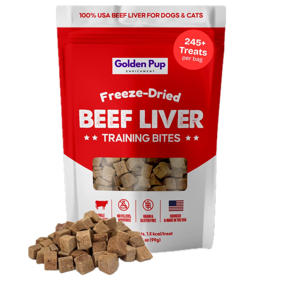 Golden Pup Enrichment freeze-dried beef liver treats pack offering high-protein training reward