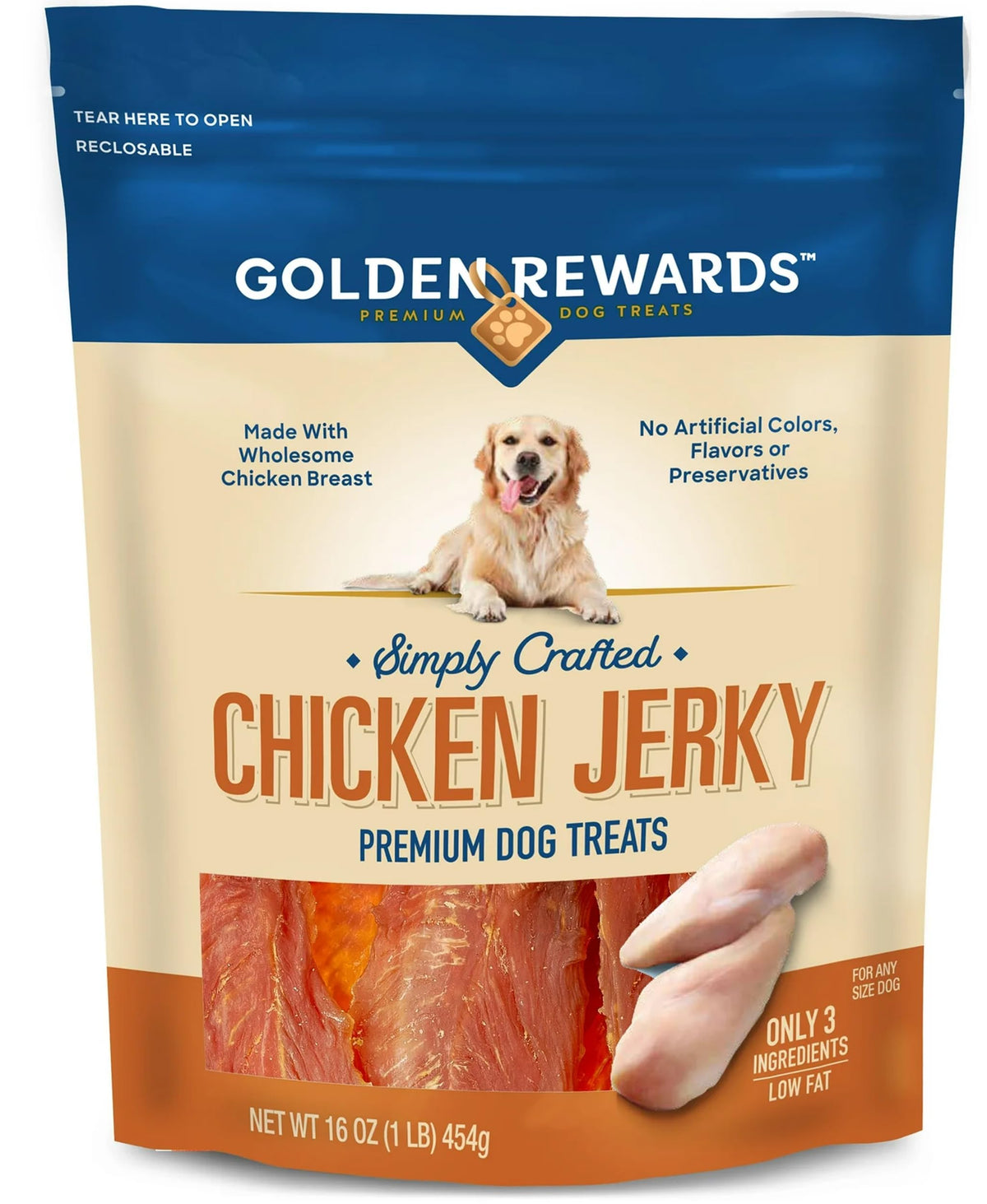 Golden|Rewards chicken jerky bag packaging—great for on-the-go training rewards.