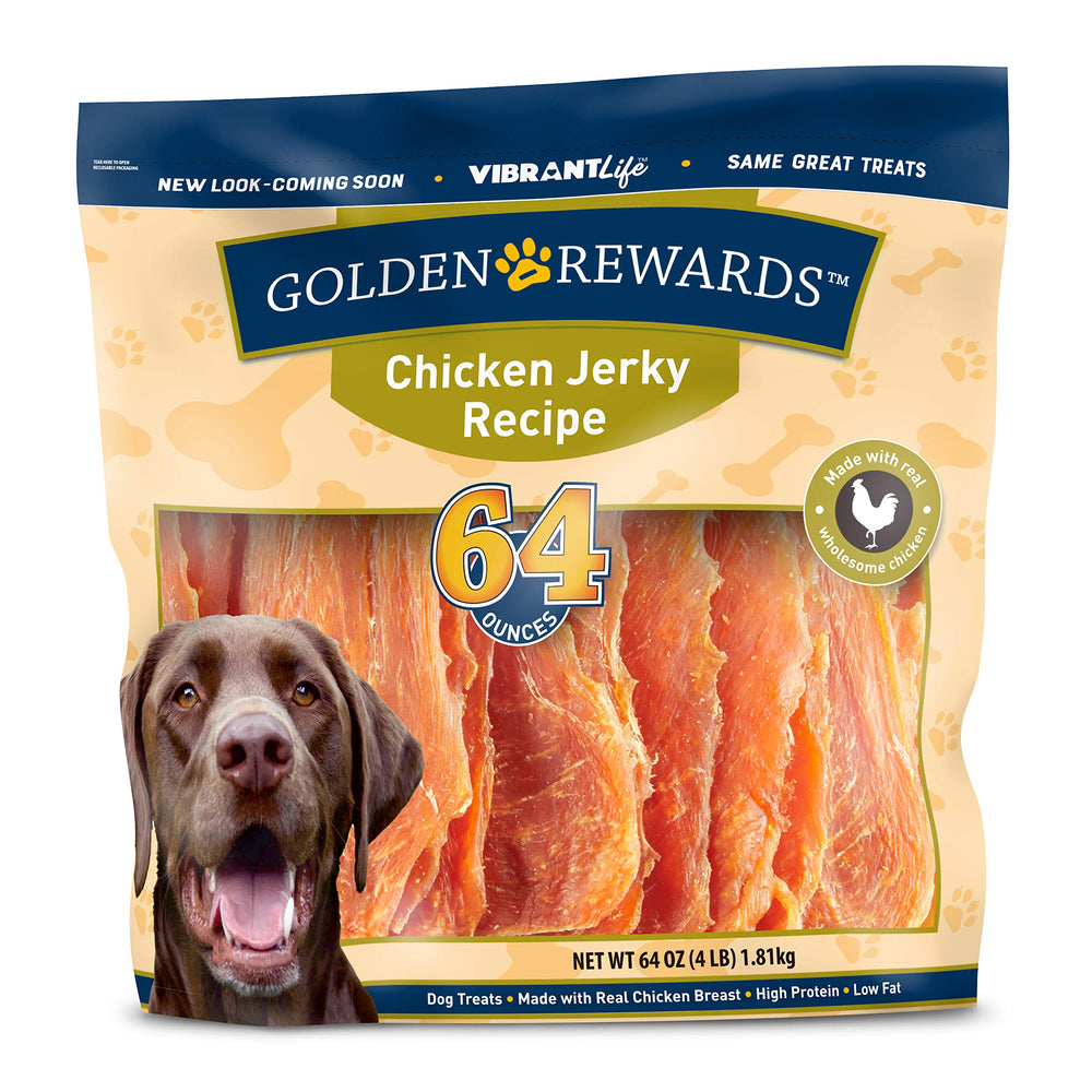 Golden Rewards chicken jerky bites closeup showing meaty texture and flavor