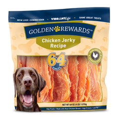 Golden Rewards chicken jerky bites closeup showing meaty texture and flavor