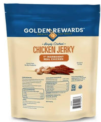 Golden Rewards chicken jerky close-up texture shows chewy, flavorful bites for dogs.