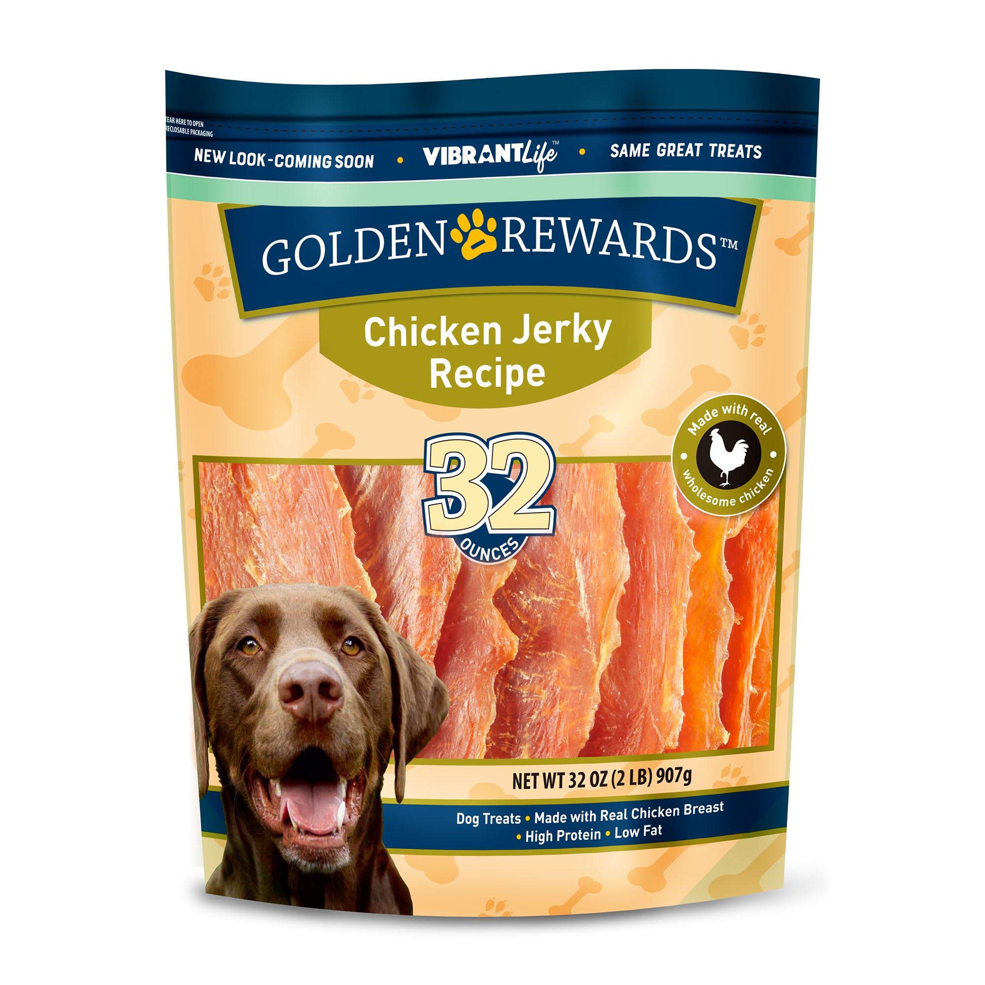 Golden Rewards chicken jerky dog treat bag shows protein-rich, low-fat snack for dogs.