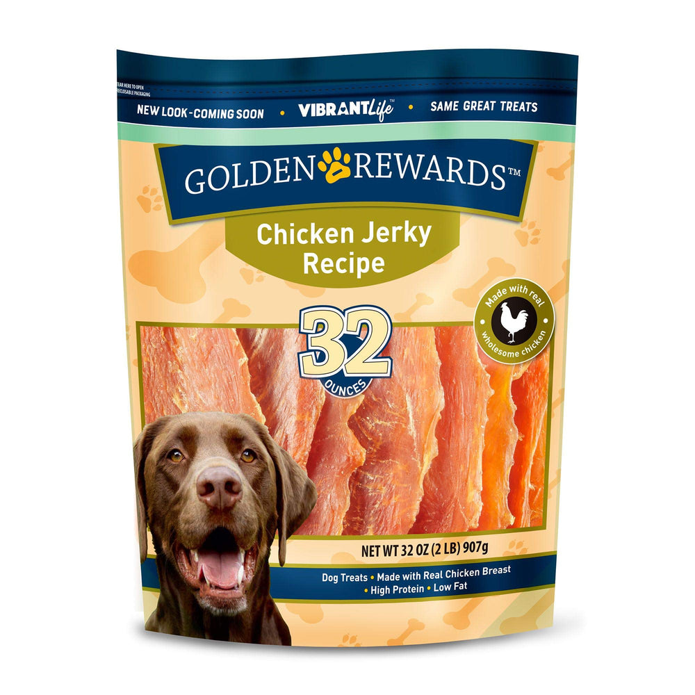 Golden Rewards chicken jerky dog treat bag shows protein-rich, low-fat snack for dogs.