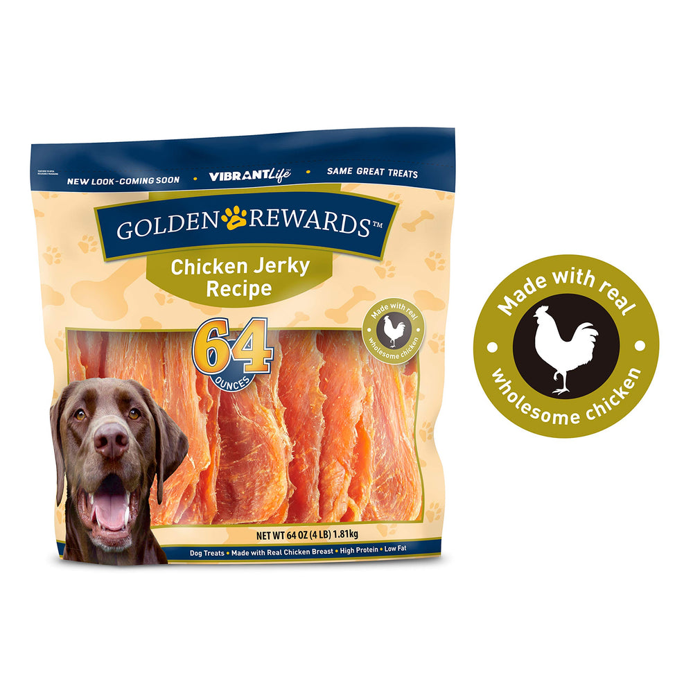 Golden Rewards dog enjoying chicken jerky as a tasty reward