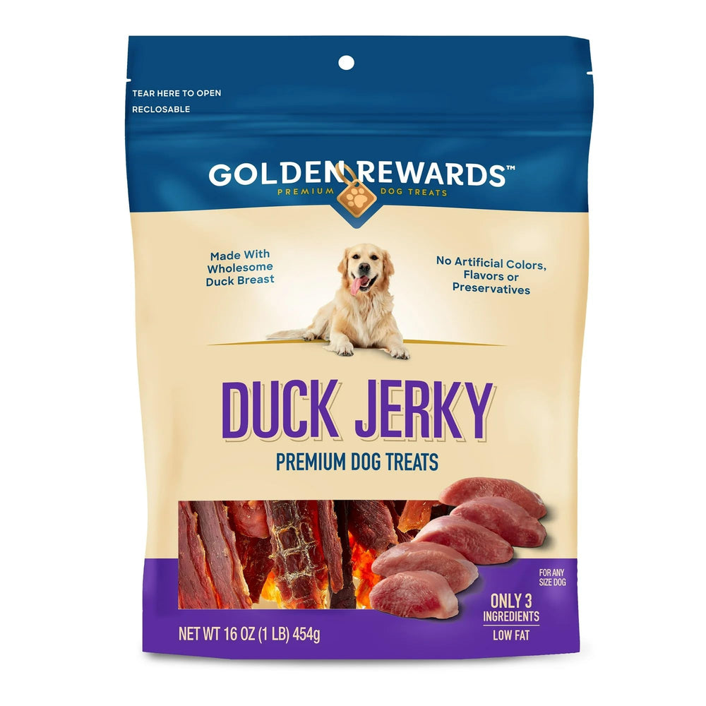 Golden Rewards Duck Jerky bag front shows real duck breast; great for training rewards.