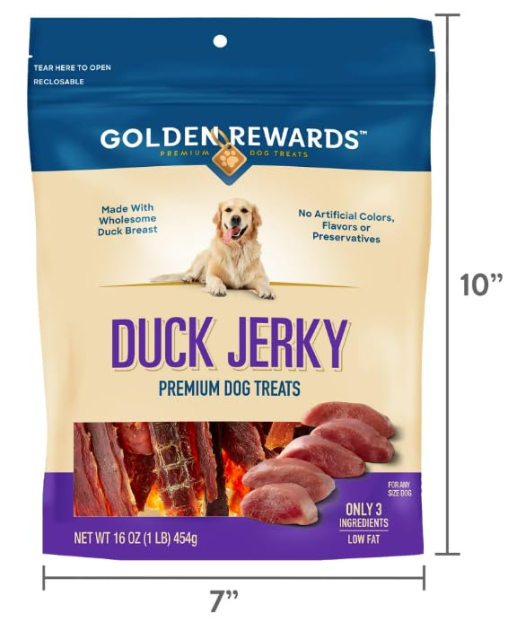 Golden Rewards duck jerky bag on floor as daily treat.