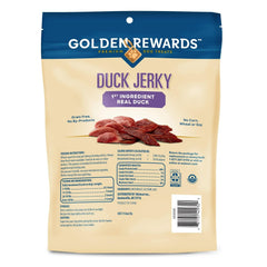 Golden Rewards Duck Jerky closeup highlights meat strands for active dogs.
