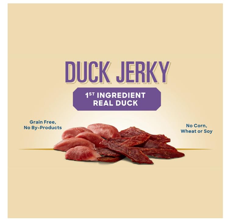 Dog enjoying Golden Rewards Duck Jerky chew.