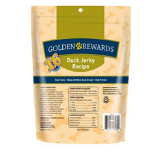 Golden Rewards duck jerky dog treat 16 oz bag, ideal for rewards.