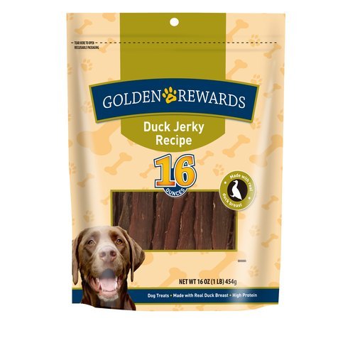 Golden Rewards duck jerky dog treat close-up texture for tasty snacking.