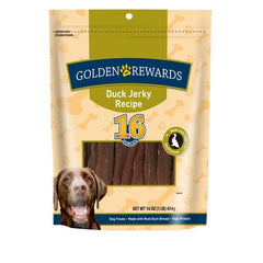 Golden Rewards duck jerky dog treat close-up texture for tasty snacking.