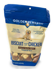 Golden Rewards peanut butter flavored biscuit wrapped with chicken packaging, a protein-rich dog snack.