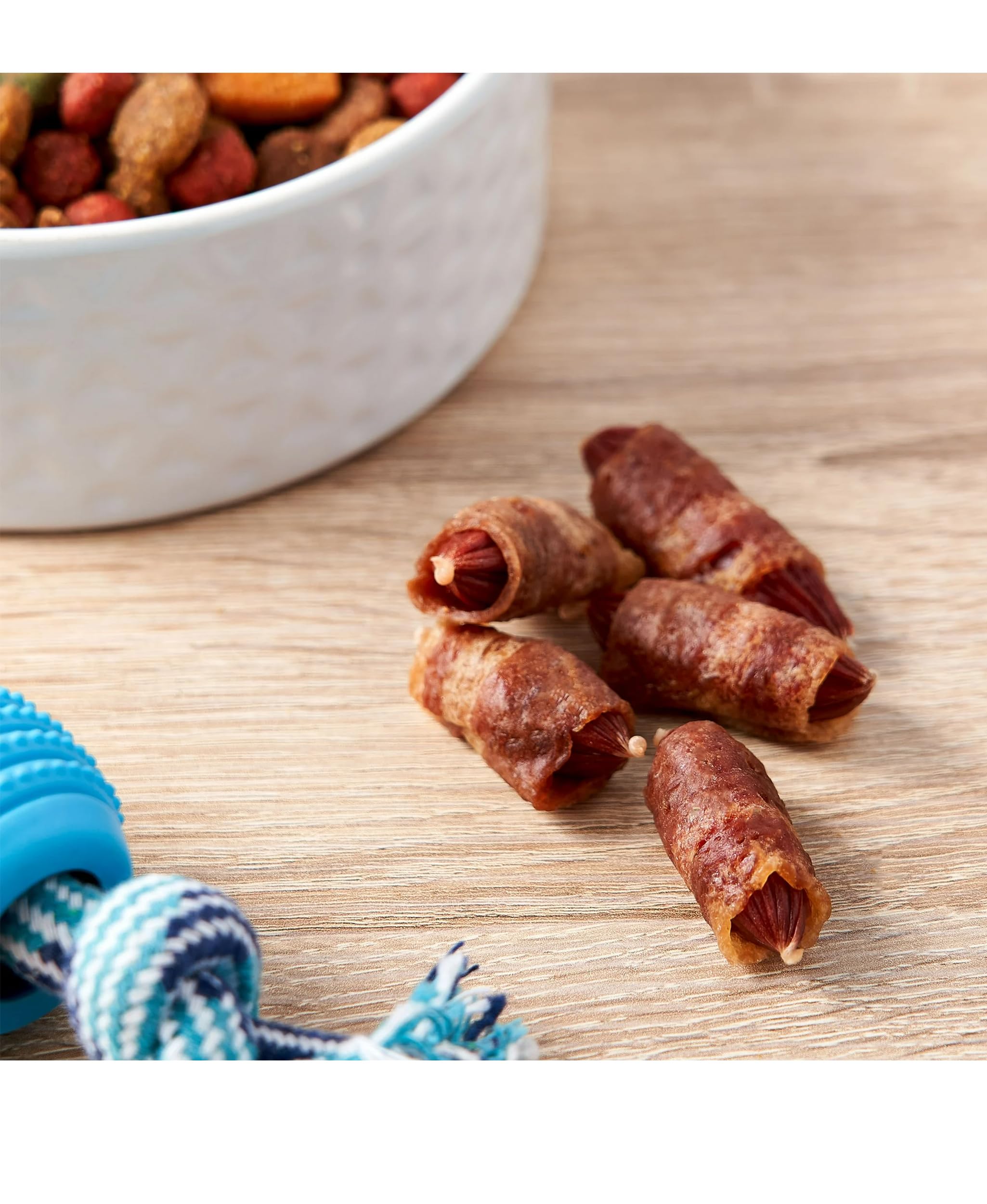 Golden Rewards pigs-in-a-blanket real-ingredients close-up emphasizes chicken and pork.