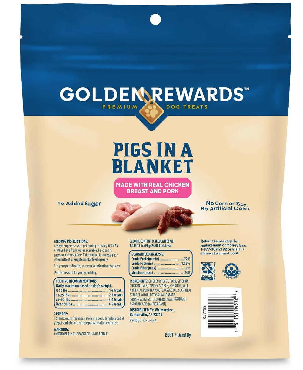 Golden Rewards pigs-in-a-blanket training-use scene suggests positive reinforcement.