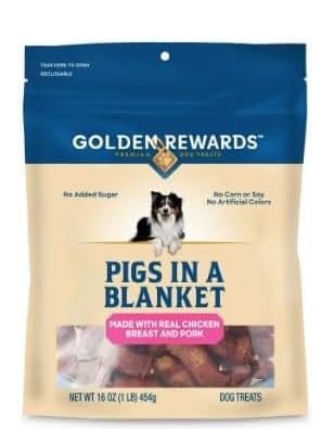 Golden Rewards pigs in a blanket treat closeup – chewy and crunchy texture