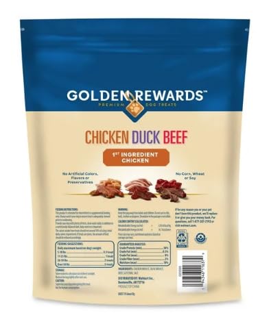 Golden Rewards serving dish with jerky closeup suggests a tasty, shareable dog snack