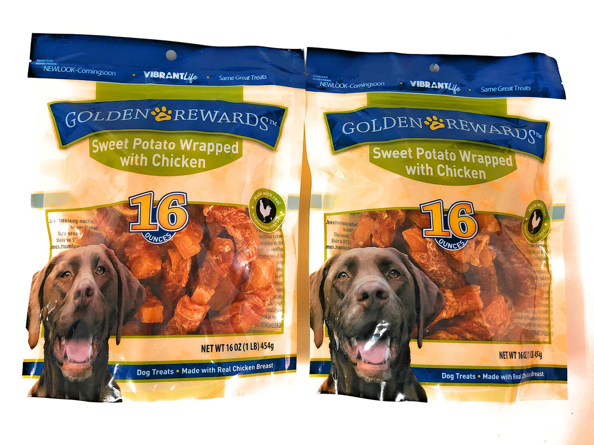 Golden Rewards Sweet Potato Chicken 16oz Pack-2 Bag showing resealable pouch for easy storage