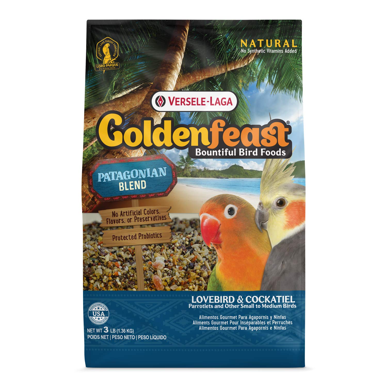Goldenfeast VL Patagonian Blend bag side view highlighting foraging-friendly ingredients for birds.