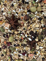 Goldenfeast VL South American Blend ingredients closeup highlighting diverse grains and seeds for enrichment.