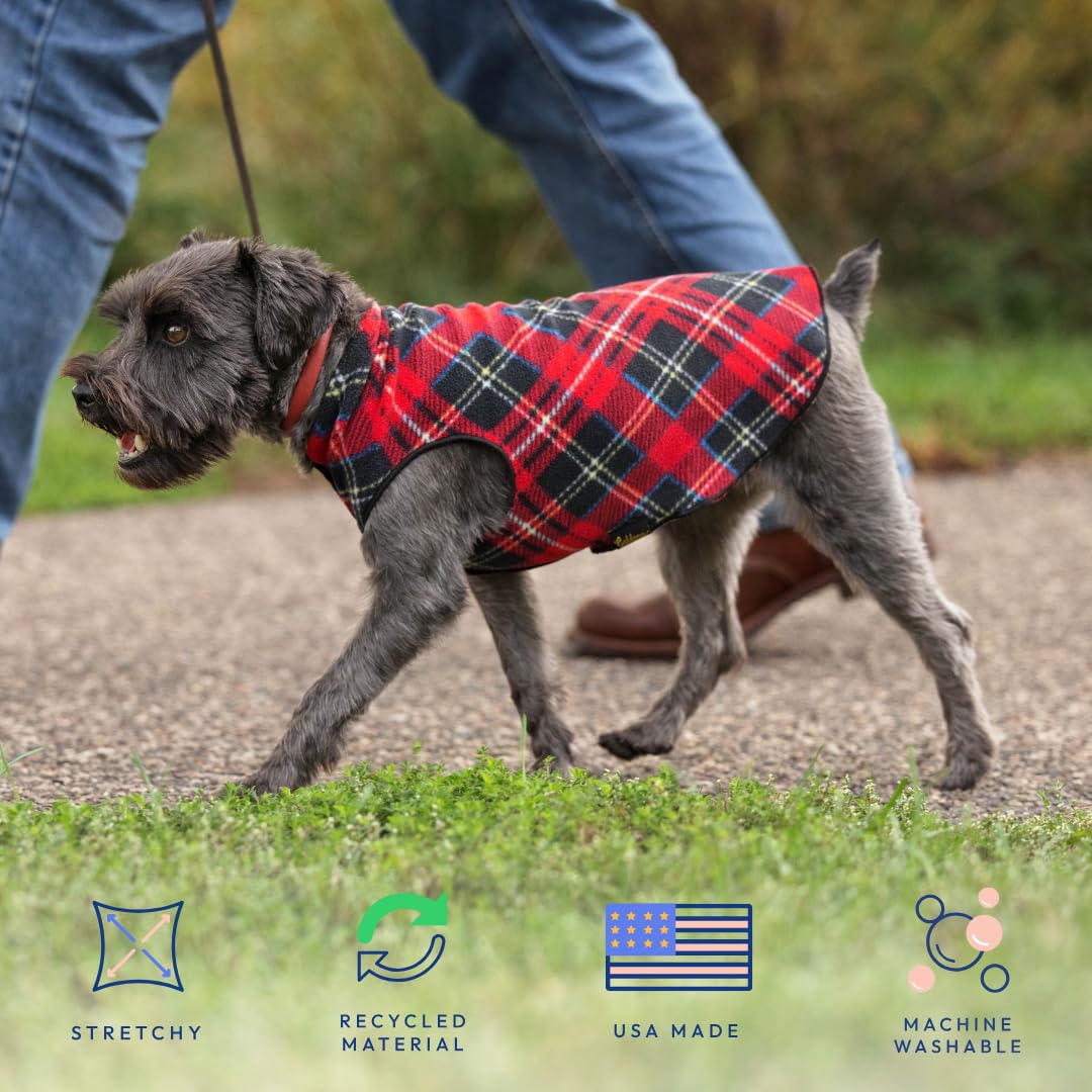 Gold Paw Stretchy Fleece Jacket worn with harness, easy pullover design