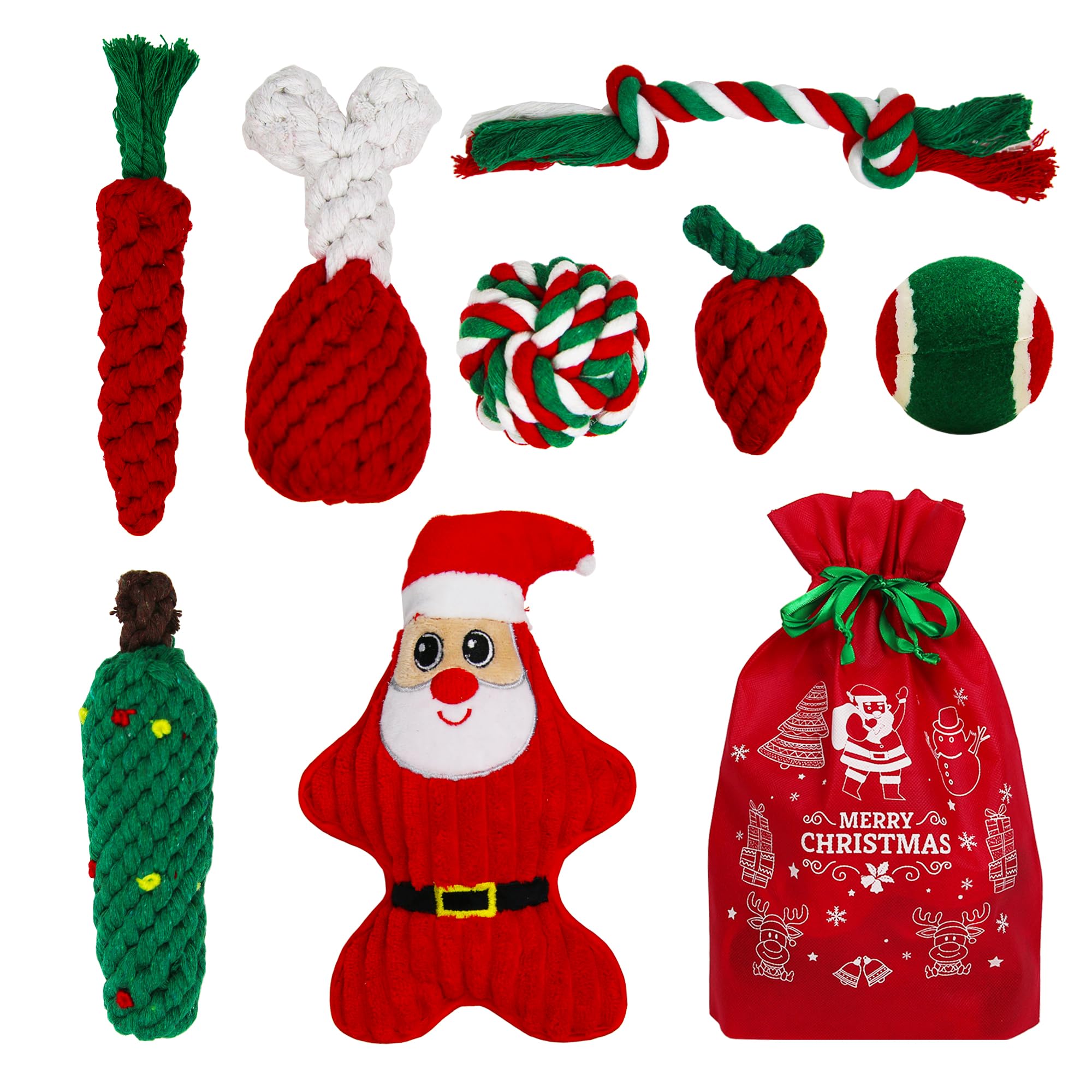 Goldshire Christmas dog chew toys set in festive colors for interactive play and dental health support.