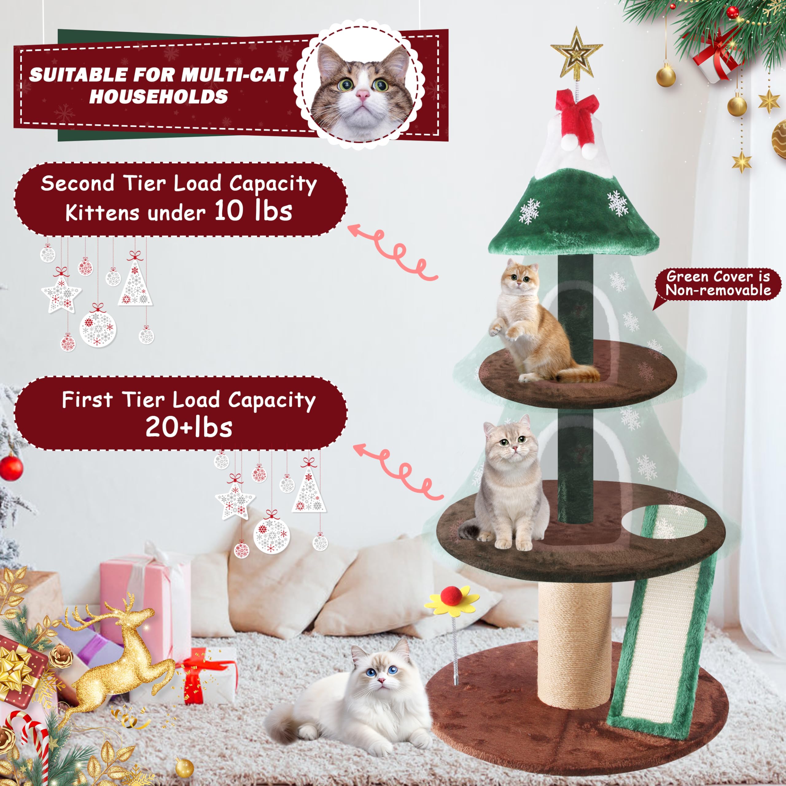 Goldshire indoor Christmas cat tree enhances decor while keeping cats entertained.