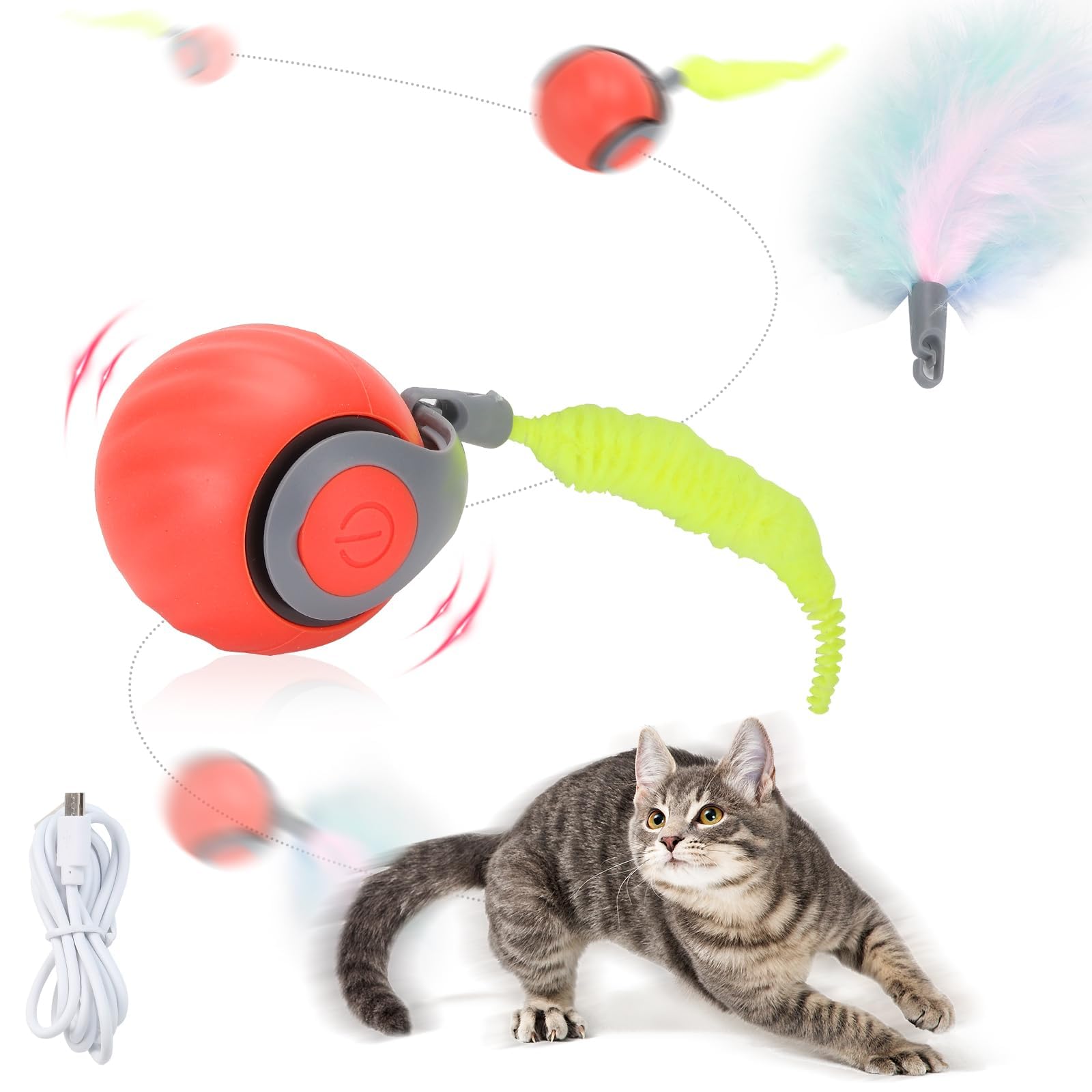 GoldSuccess Speedy Tail orange sphere with lime handle invites quick, responsive cat play.