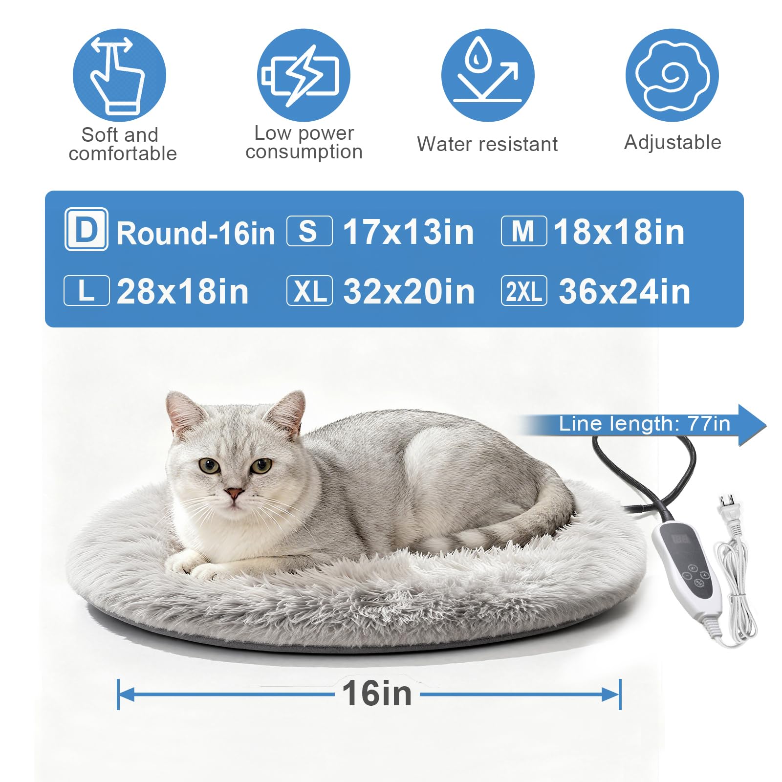 GOLOPET cat heating pad round 16in control interface shows easy temperature adjustments for pets