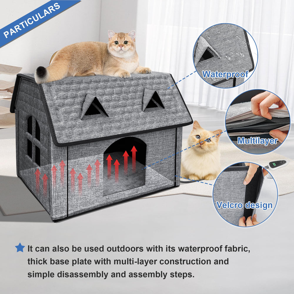 GOLOPET Indoor Heated Cat House side panel highlights a durable waterproof shell that preserves warmth.