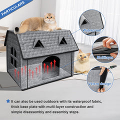 GOLOPET Indoor Heated Cat House side panel highlights a durable waterproof shell that preserves warmth.