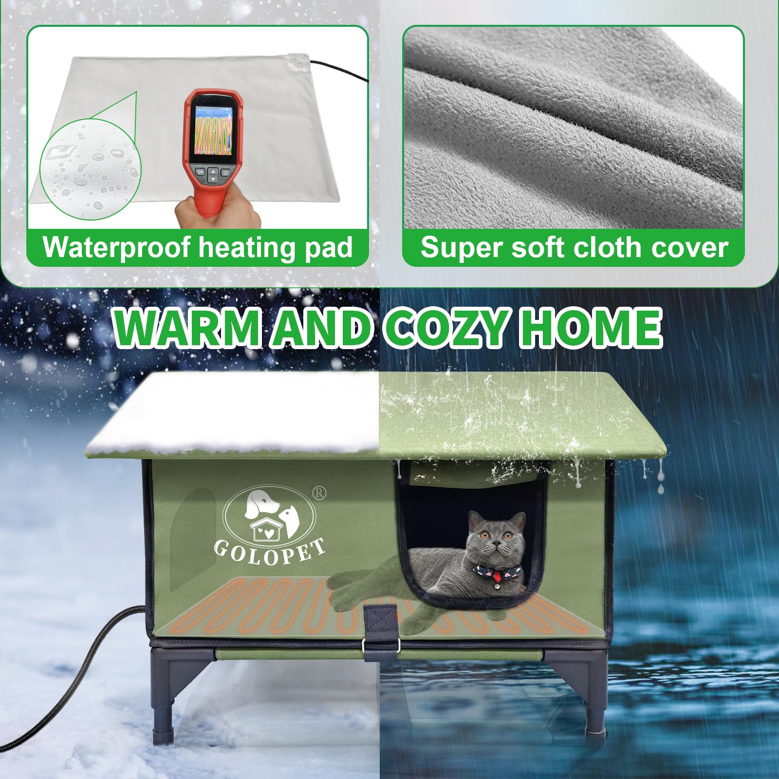 GOLOPET elevated-base keeps shelter dry and clean.