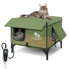 GOLOPET large heated cat house outdoor exterior shows weatherproof shelter for all-season use.