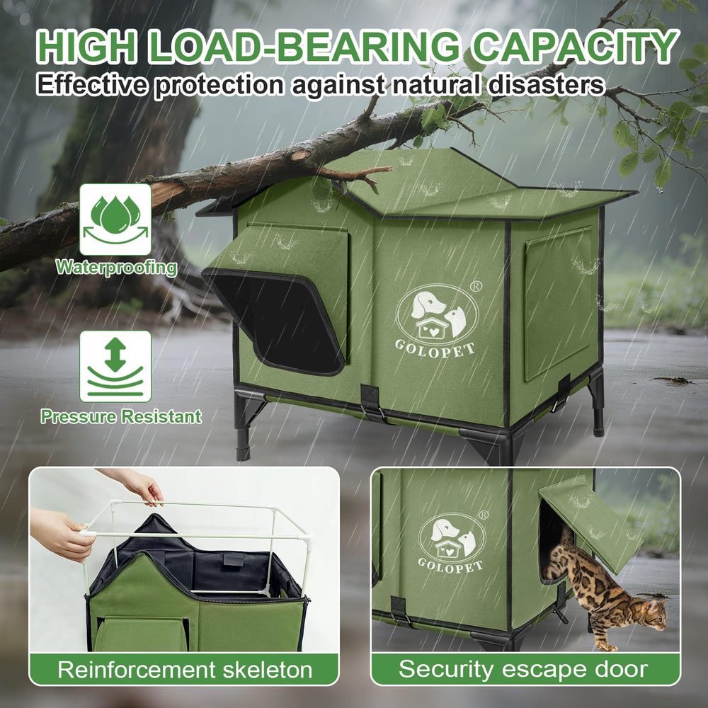 GOLOPET outdoor cat house escape door enables quick exit during emergencies.