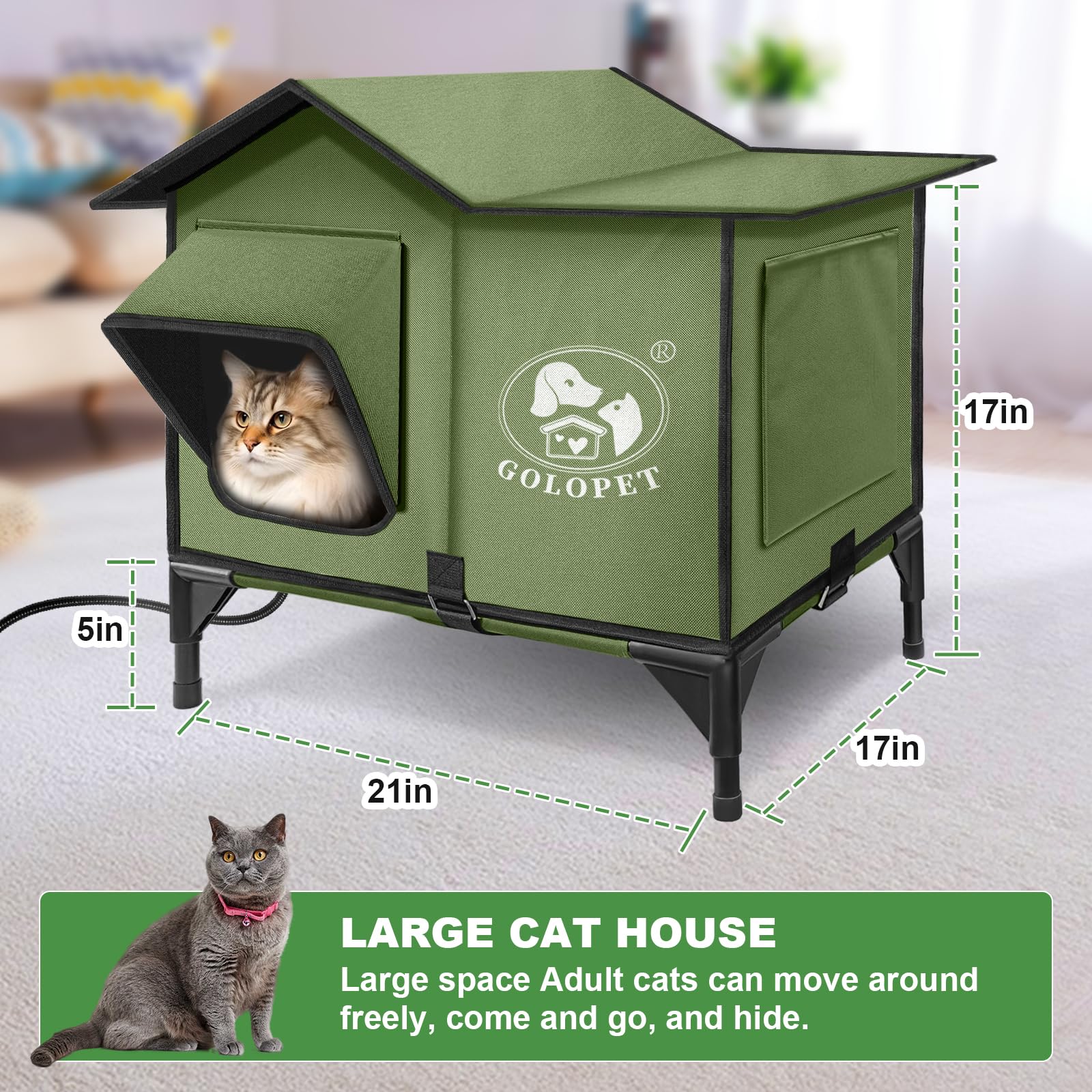 GOLOPET outdoor cat house front view highlights waterproof shell.