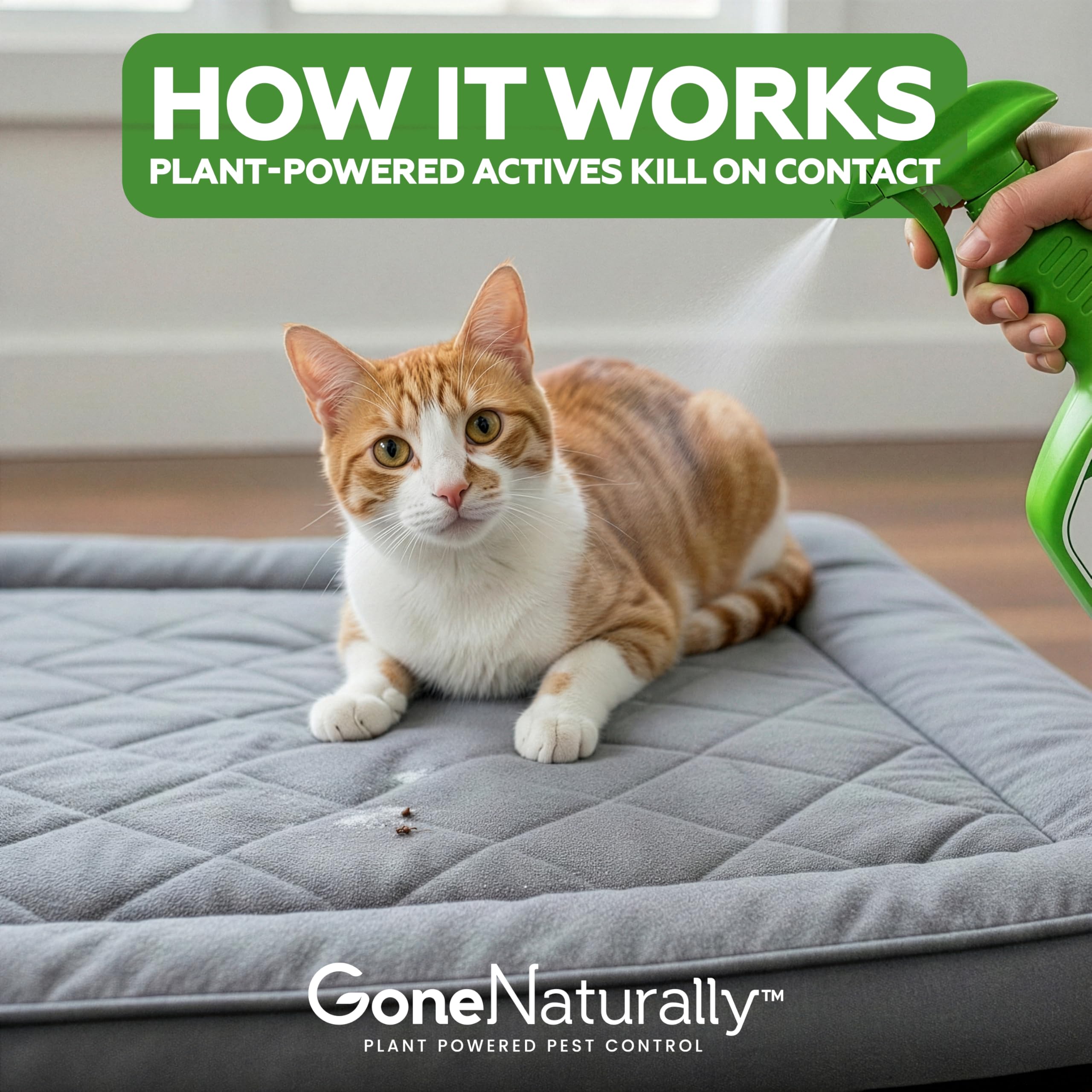 GoneNaturally spray bottle shown for home pest defense with pets.