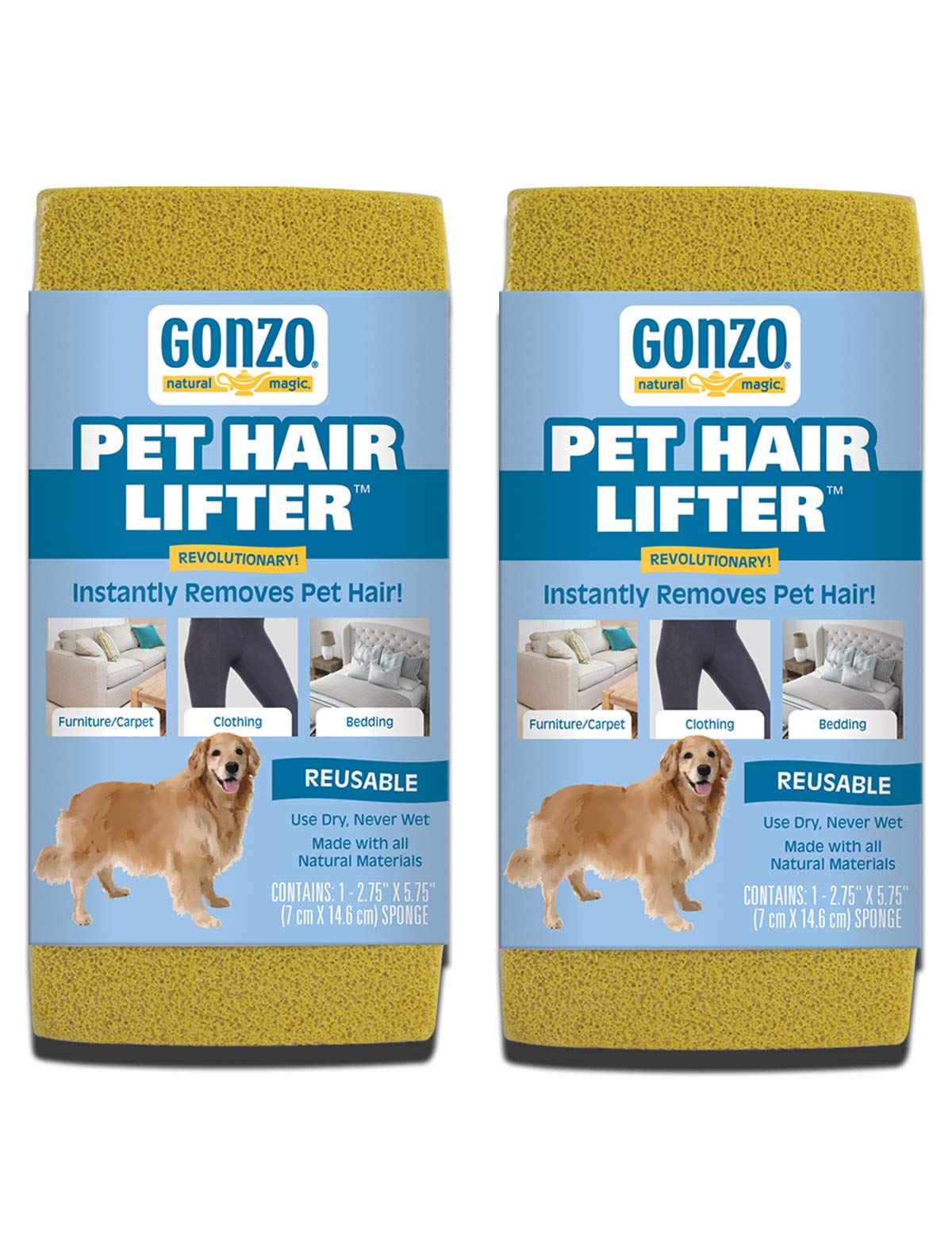 Gonzo Pet Hair Remover 2-Pack on couch removes fur from fabric.