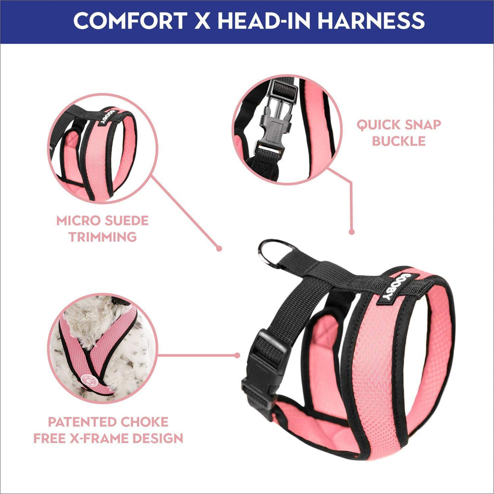 Gooby Comfort X Harness Pink chest detail emphasizes choke-free X frame design