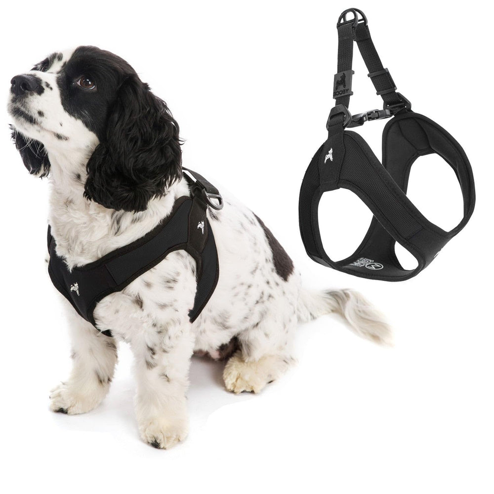 Gooby Escape Free Easy Fit Harness black front view on small dog for secure daily wear