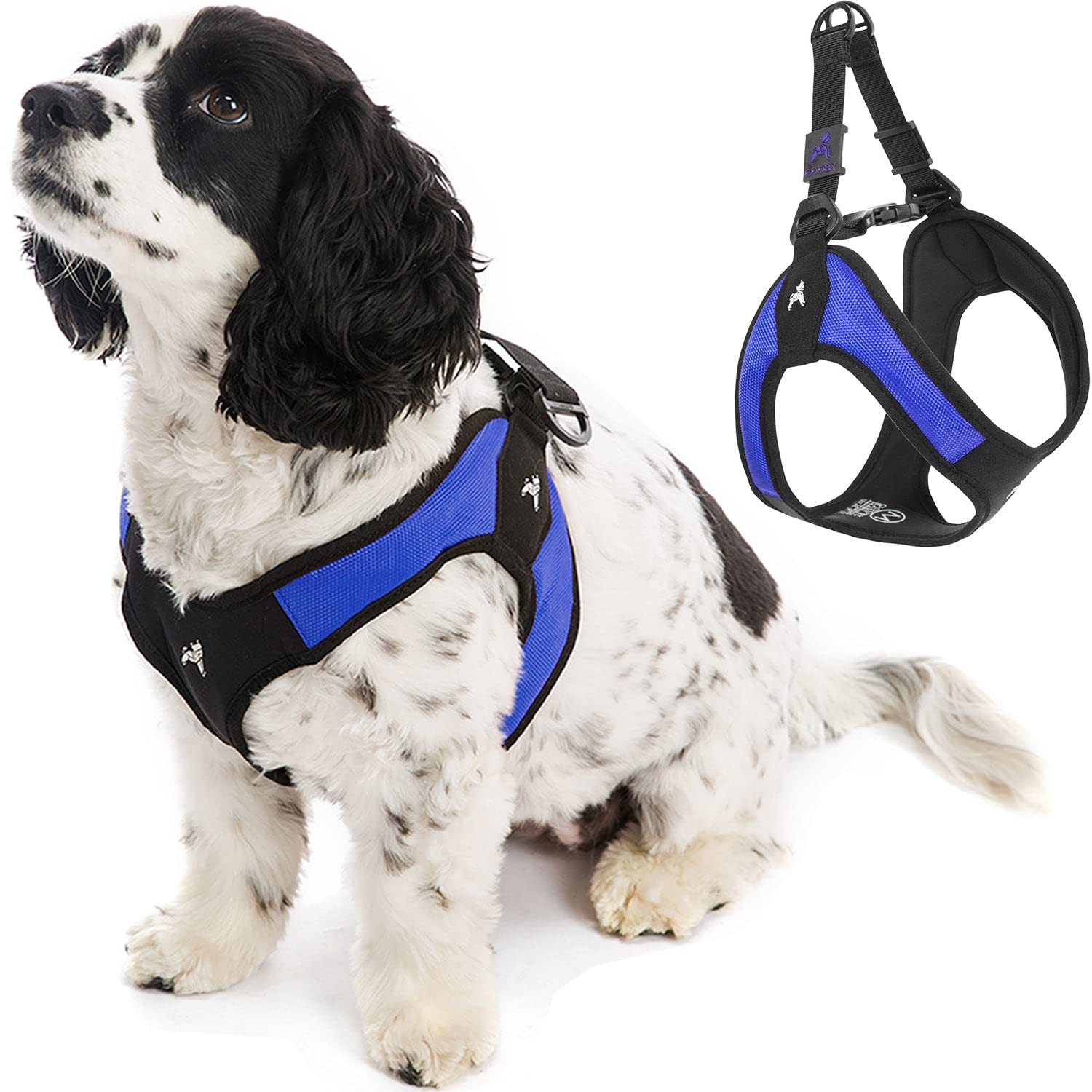 Gooby Escape Free Easy Fit Harness blue small side view illustrating secure fit for calm daily walks
