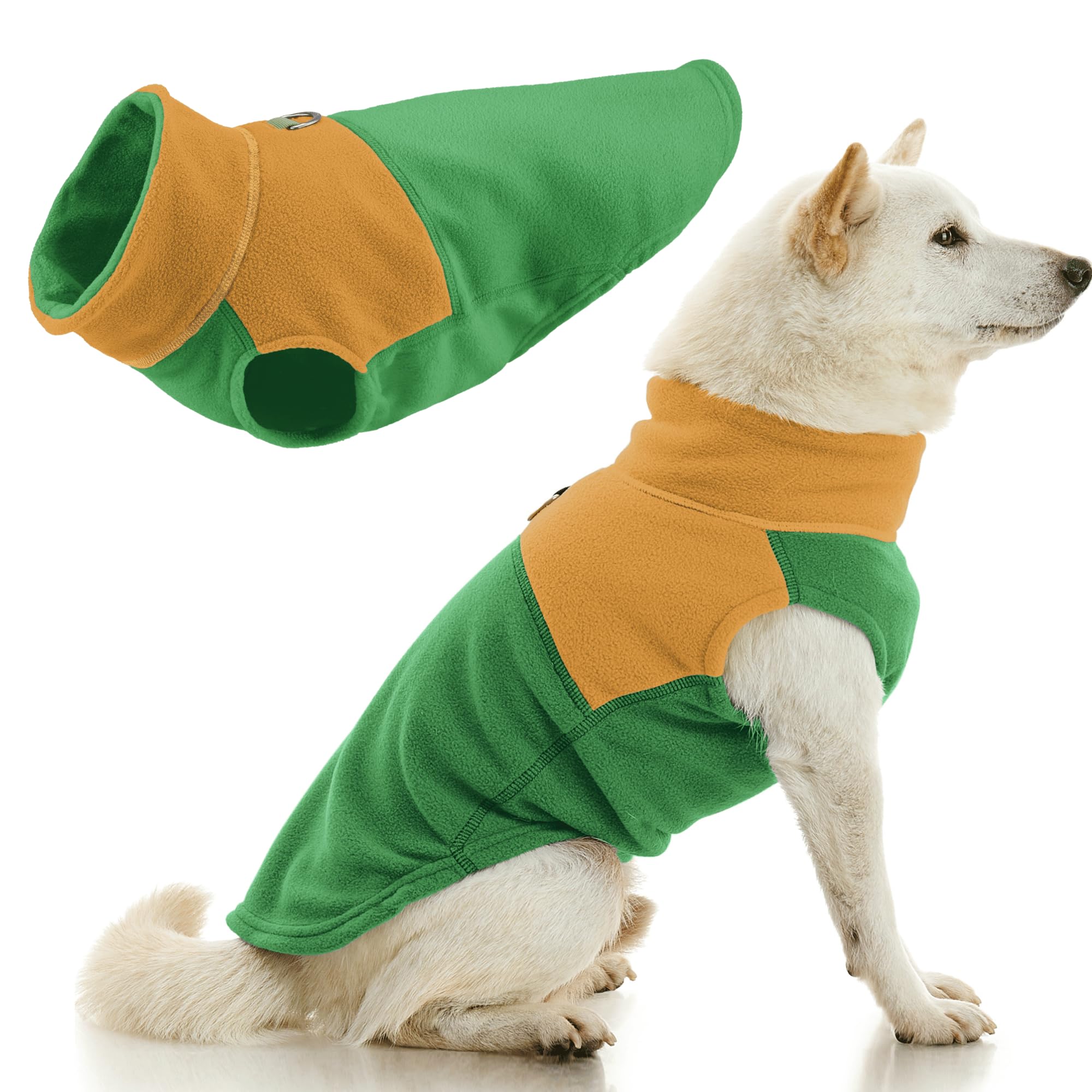 Gooby fleece vest two-tone green front view, highlighting warm, lightweight dogwear.