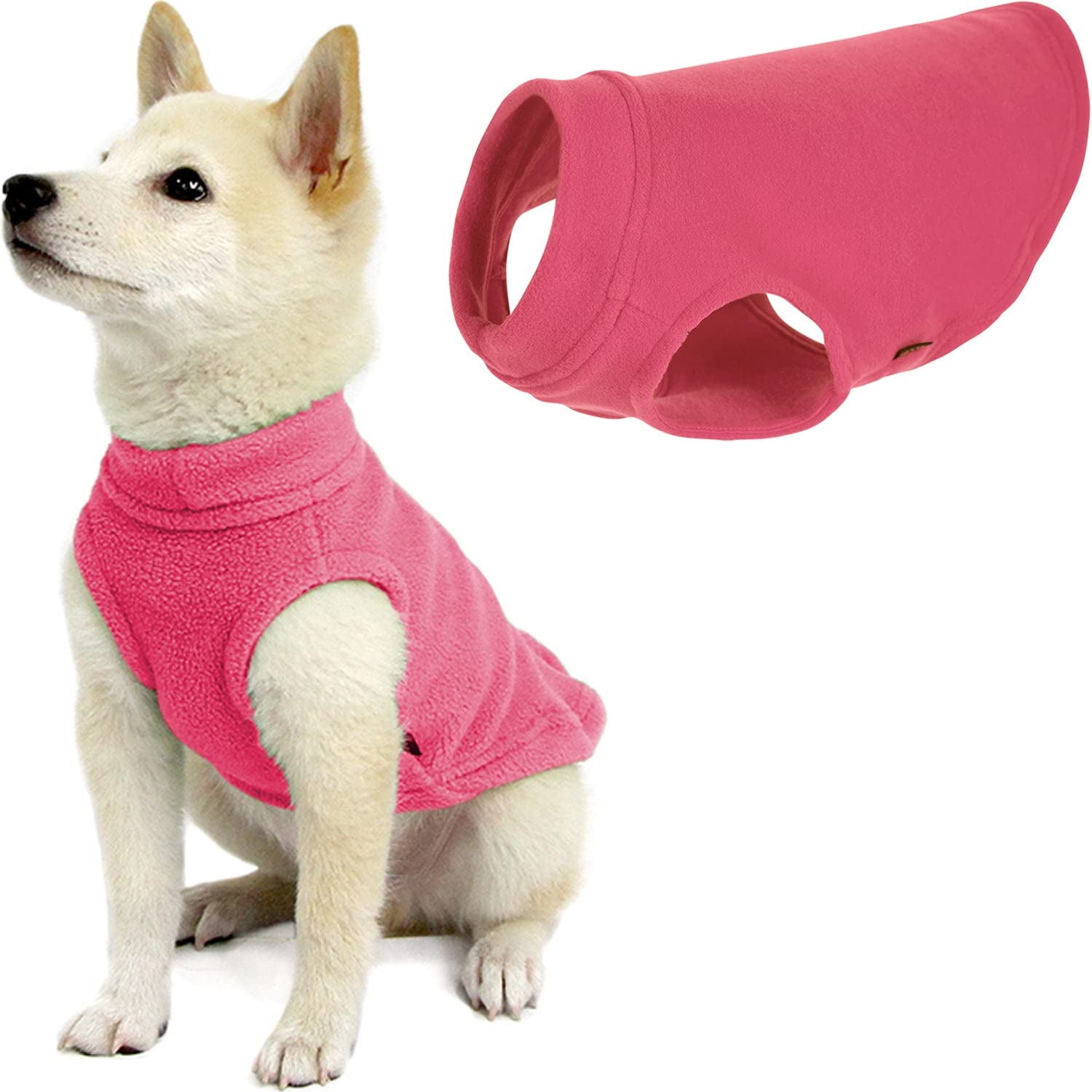 Gooby Stretch Fleece Vest pink dog sweater on dog provides snug warmth during chilly walks.
